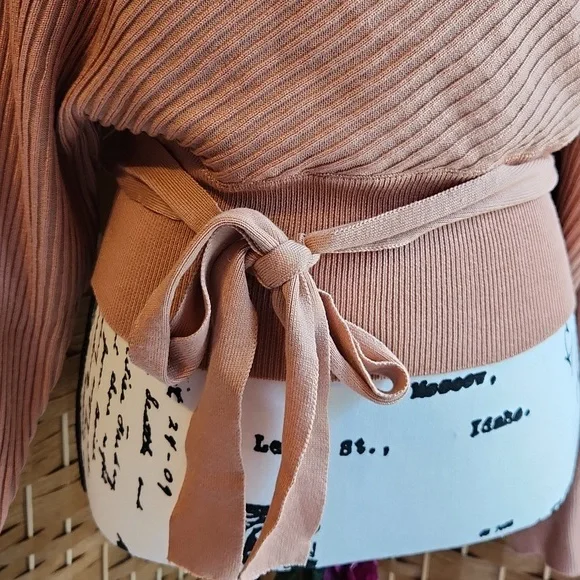LOVE TREE, Relax Ribbed Knit Wrap, Waist Tie Sweater, Sz M ,Clay Color - Picture 3 of 7